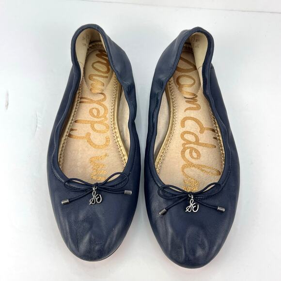 EUC Sam Edelman 8 Felicia Navy Blue Leather Bow Charm Ballet Flats Shoes Elastic - Picture 1 of 11